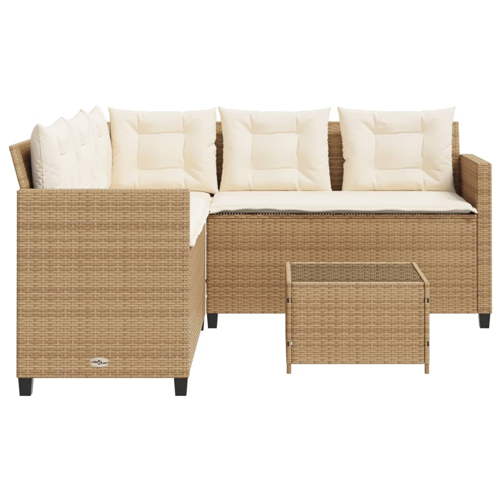 Beige Poly Rattan Garden Sofa with Table and Cushions L-Shaped