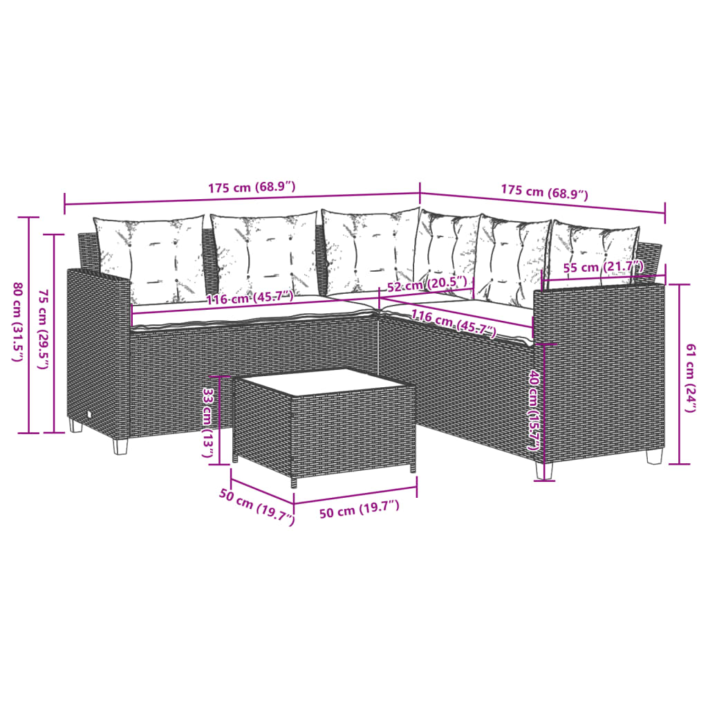 Beige Poly Rattan Garden Sofa with Table and Cushions L-Shaped