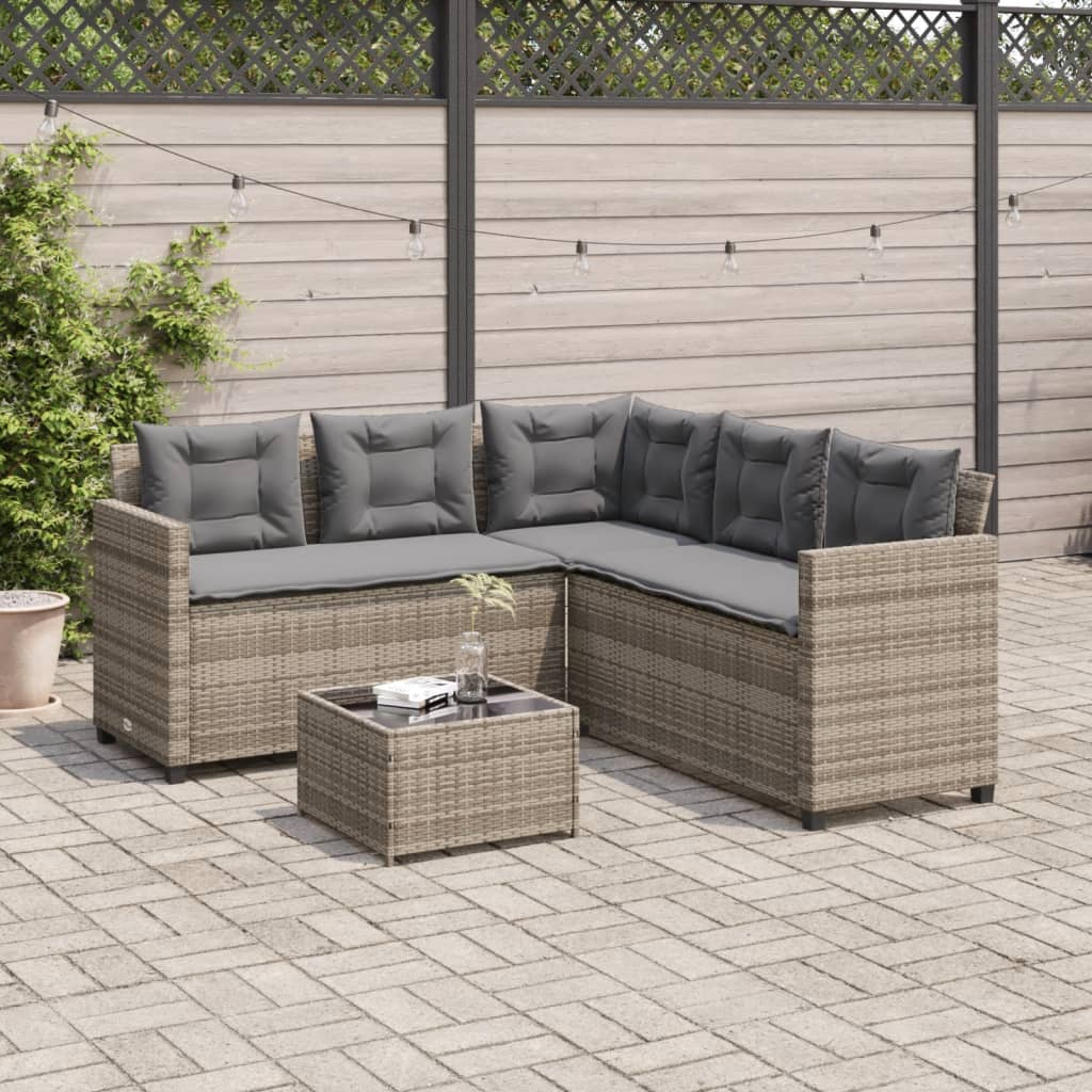 Grey Poly Rattan Garden Sofa with Table and Cushions L-Shaped