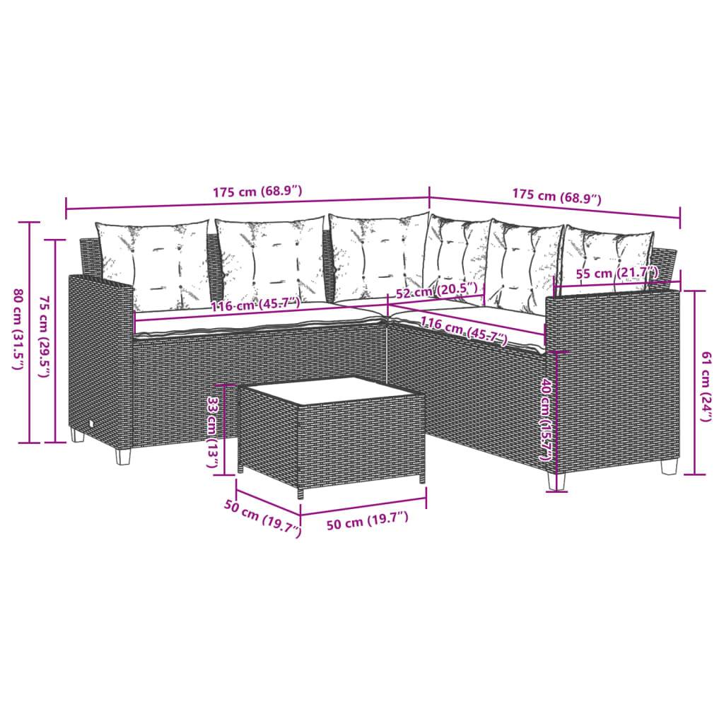 Grey Poly Rattan Garden Sofa with Table and Cushions L-Shaped