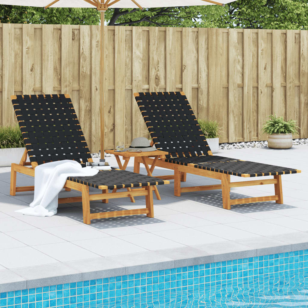  Black Solid Acacia Wood and Fabric Sun Loungers 2 pcs