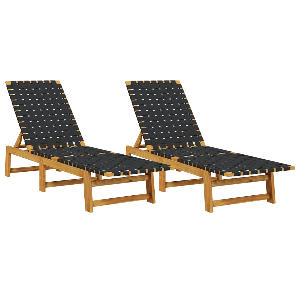  Black Solid Acacia Wood and Fabric Sun Loungers 2 pcs