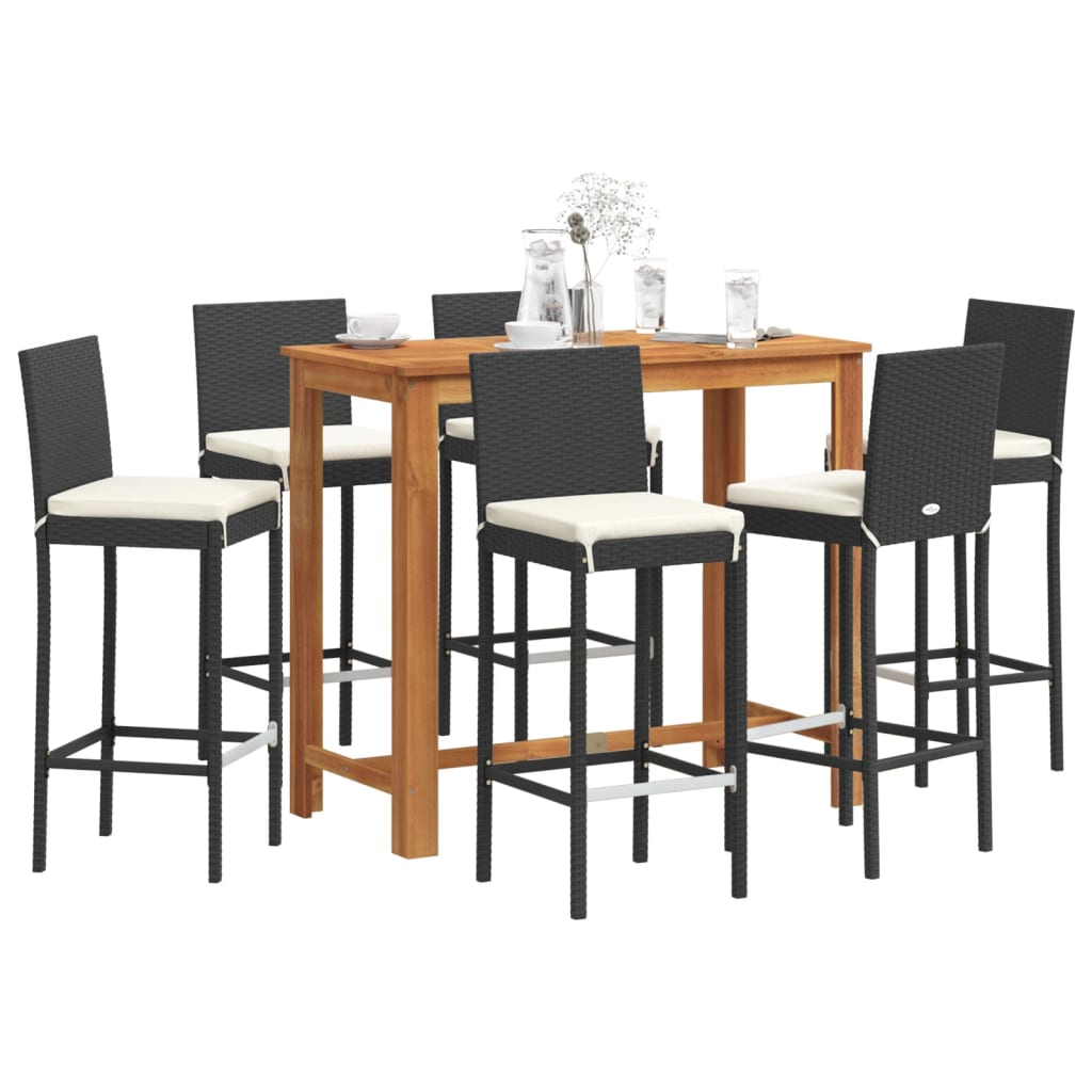  7 Piece Black Solid Acacia Wood and Poly Rattan Garden Bar Set