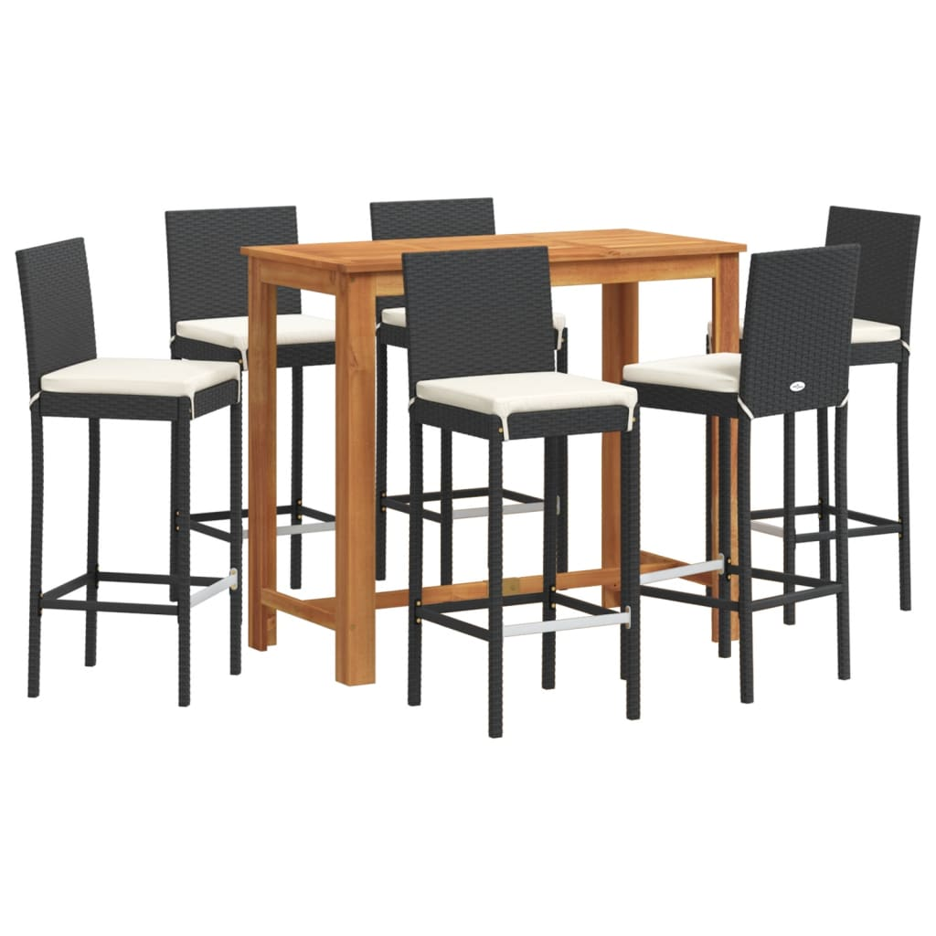  7 Piece Black Solid Acacia Wood and Poly Rattan Garden Bar Set