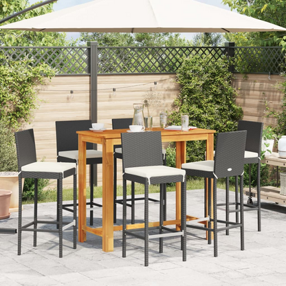  7 Piece Black Solid Acacia Wood and Poly Rattan Garden Bar Set