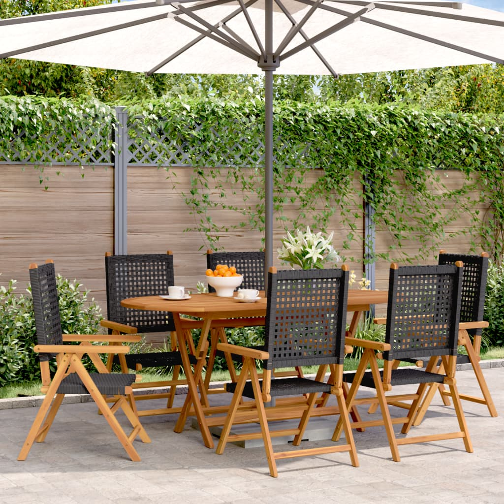  Black Poly Rattan and Solid Wood Reclining Garden Chairs 6 pcs