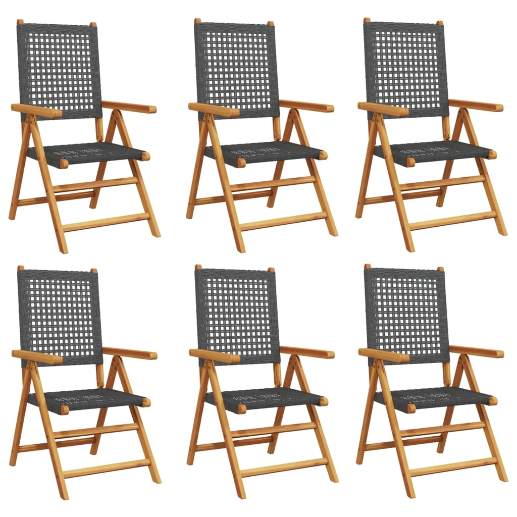  Black Poly Rattan and Solid Wood Reclining Garden Chairs 6 pcs