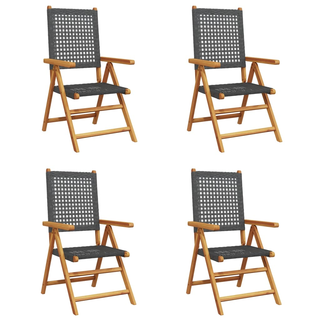 Black Poly Rattan and Solid Wood Reclining Garden Chairs 4 pcs