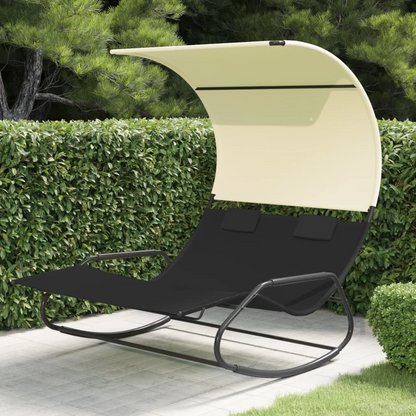  Black and Cream Rocking Double Sun Lounger with Canopy