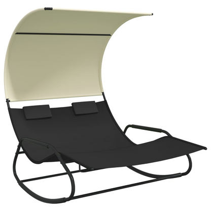  Black and Cream Rocking Double Sun Lounger with Canopy