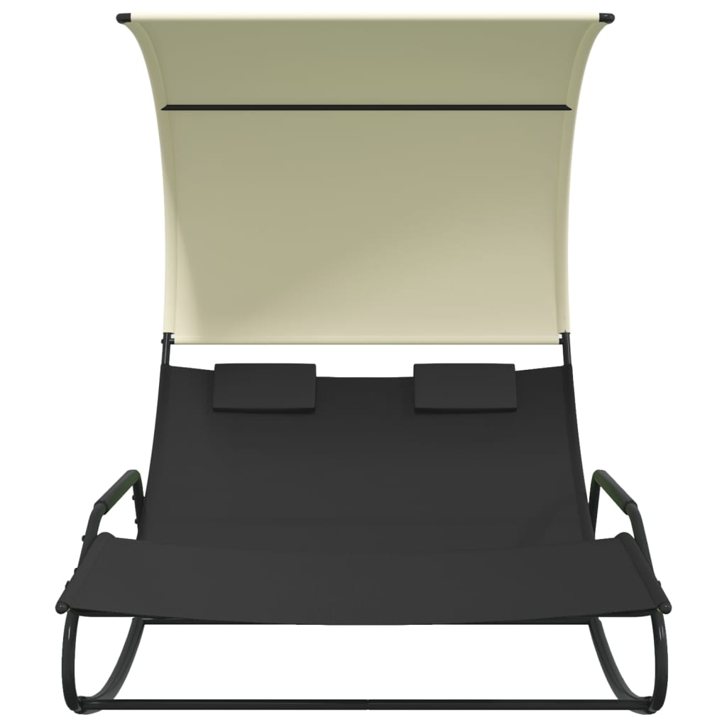  Black and Cream Rocking Double Sun Lounger with Canopy