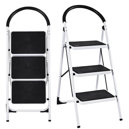 3-Step Portable Folding Steel Ladder with Wide Platform Steps