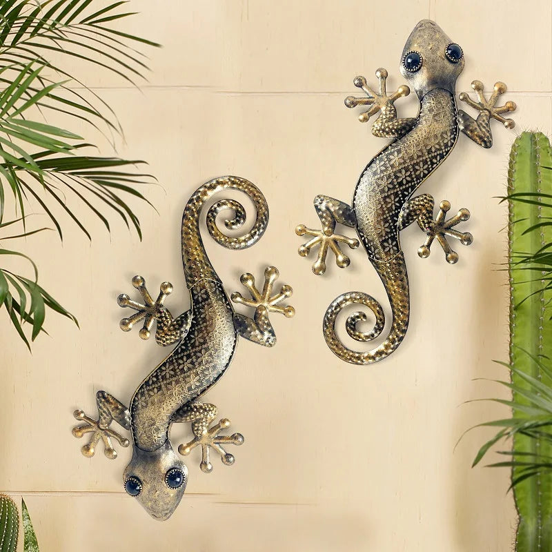 Set of 2 Gecko Metal Wall Art Deco