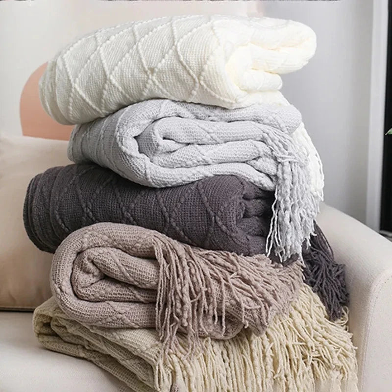 Nordic Knitted Sofa Blanket with Tassels