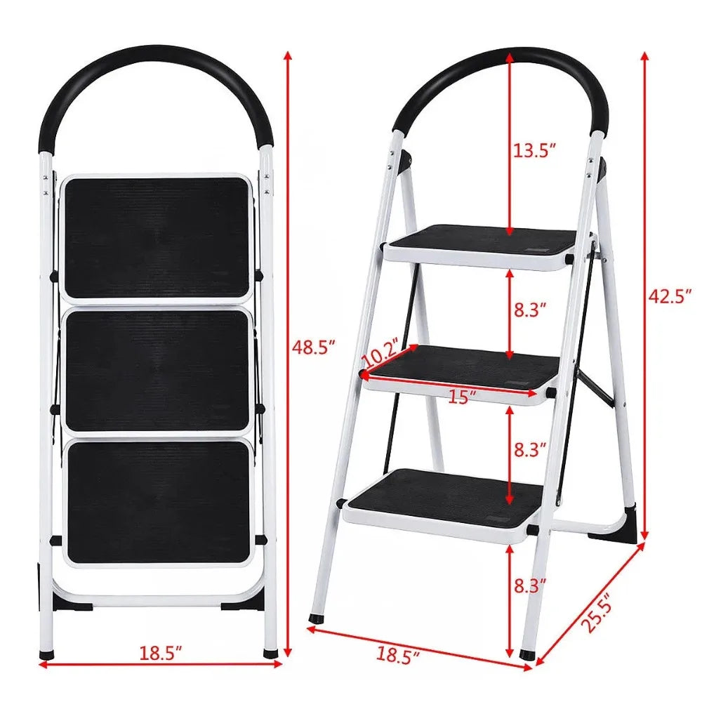 3-Step Portable Folding Steel Ladder with Wide Platform Steps